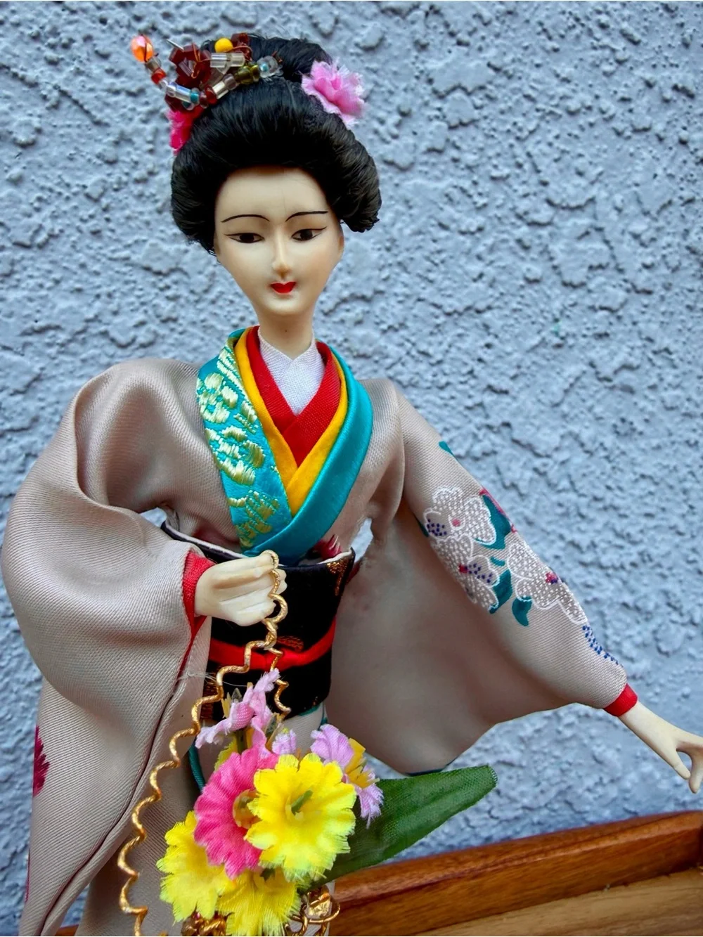 Vintage Japanese Geisha Kimono Dolls Lot of 2 Wooden Base 10